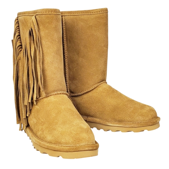 New Bearpaw Cherilyn suede fringe winter boots iced coffee wool blend fur pull - Picture 6 of 16